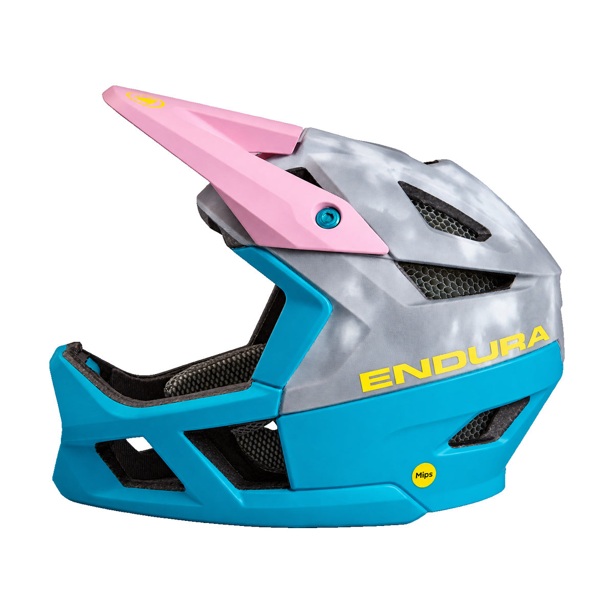 ENDURA MTB-Fullface-Helm MT500 mit MIPS Grau/Blau 2026 — Dreiviertelansicht vor weißem Hintergrund
