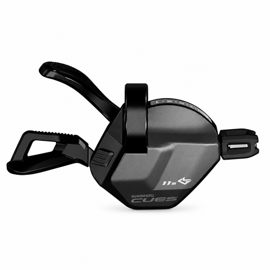 Rechter SHIMANO CUES 11-fach-Schalthebel SL-U8000-R mit Ganganzeige — Produktansicht vor weißem Hintergrund