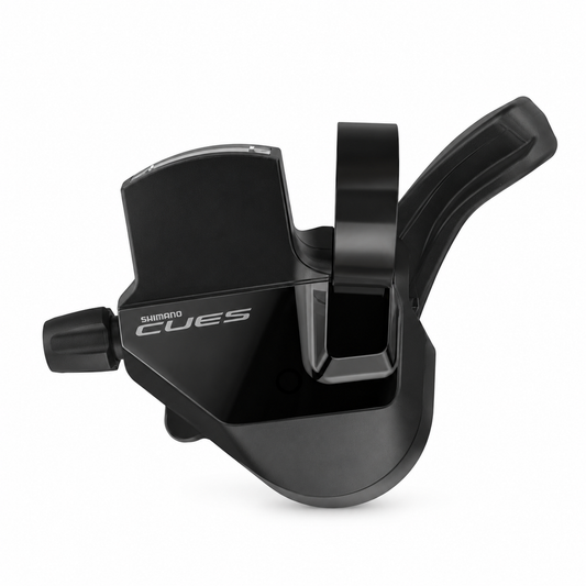 Linker SHIMANO CUES 2-fach-Schalthebel SL-U6000-L mit Ganganzeige — Produktansicht vor weißem Hintergrund