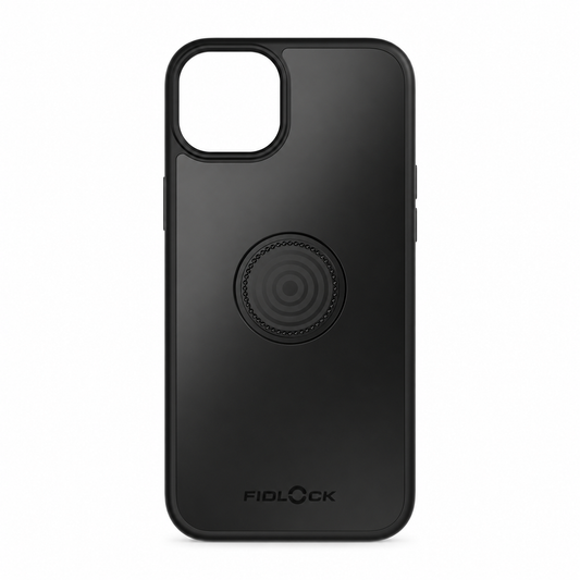 Schwarze FIDLOCK VACUUM Hülle für iPhone 15+ — Produktansicht vor weißem Hintergrund