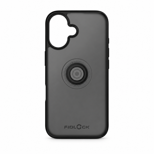 Schwarze FIDLOCK VACUUM Hülle für iPhone 16 — Produktansicht vor weißem Hintergrund