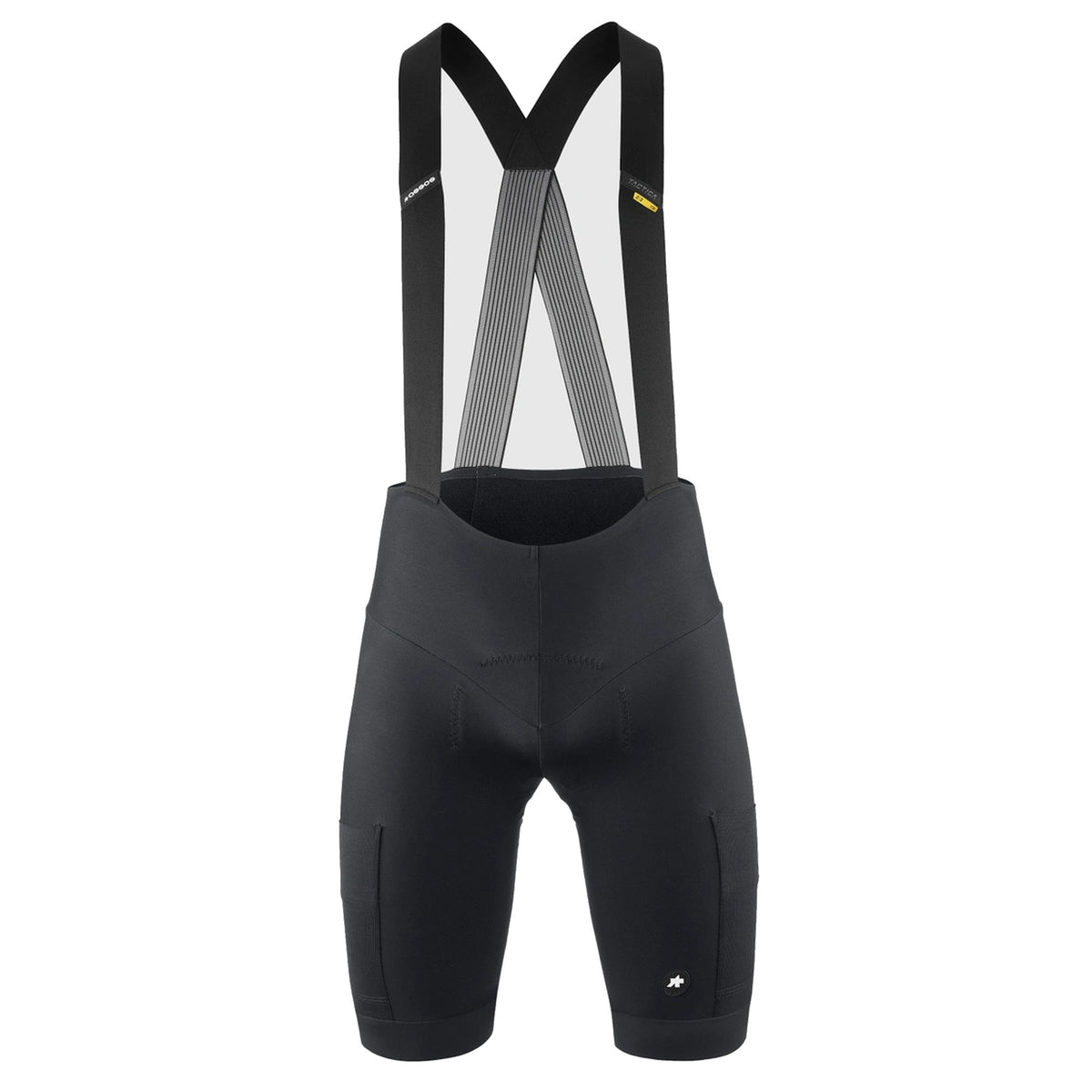 Kurze Radträgerhose ASSOS TACTICA SPRING FALL T5 in Schwarz — weißer Hintergrund, 2000 x 2000