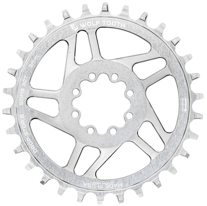 Mono-Kettenblatt WOLF TOOTH DROP-STOP B DM 8 Schrauben Sram Eagle Boost Offset 0mm Raw Silver