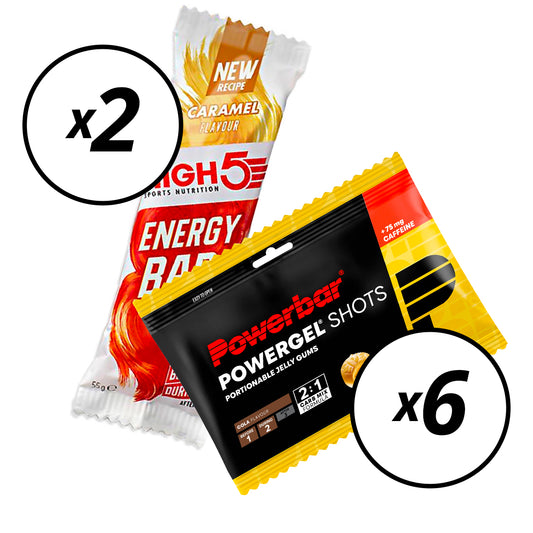 6 POWERBAR POWERGEL Shots Bonbons (60gr) Cola + 2 HIGH5 ENERGY BAR Energieriegel (55g) Karamell