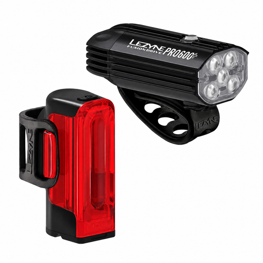 LEZYNE FUSION DRIVE PRO 600+ / STRIP DRIVE 300+ Front- und Rückleuchten — Produktansicht auf weißem Hintergrund