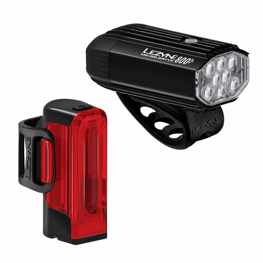 LEZYNE MICRO DRIVE 800+ / STRIP DRIVE 300+ Front- und Rückleuchten — Produktansicht auf weißem Hintergrund