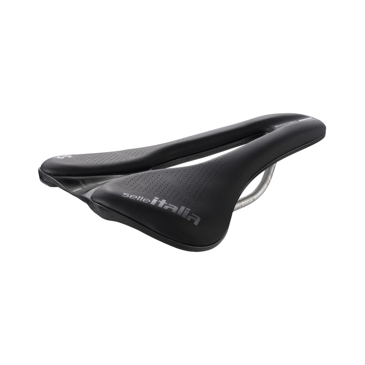 Sattel SELLE ITALIA NOVUS EVO BOOST SUPERFLOW L mit Ti316-Streben in Schwarz/Grau — Dreiviertelansicht