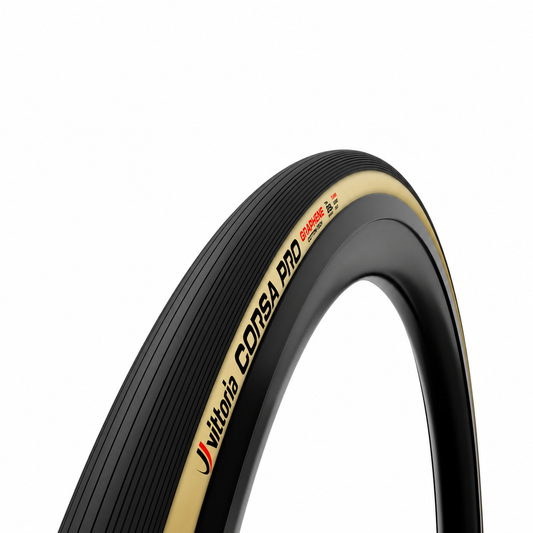 VITTORIA CORSA PRO WIDE Reifen mit Graphen G2.0, 700c, Tubeless Ready, beige — Produktansicht vor weißem Hintergrund