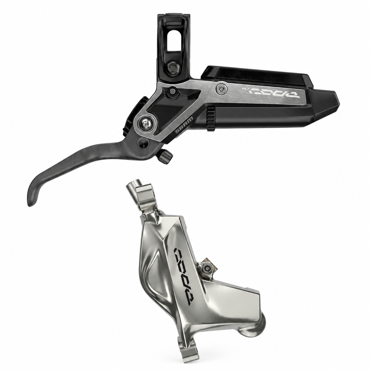 SRAM CODE ULTIMATE STEALTH Bremse mit Metallbremsbelägen — Bremshebel und Bremssattel vor weißem Hintergrund