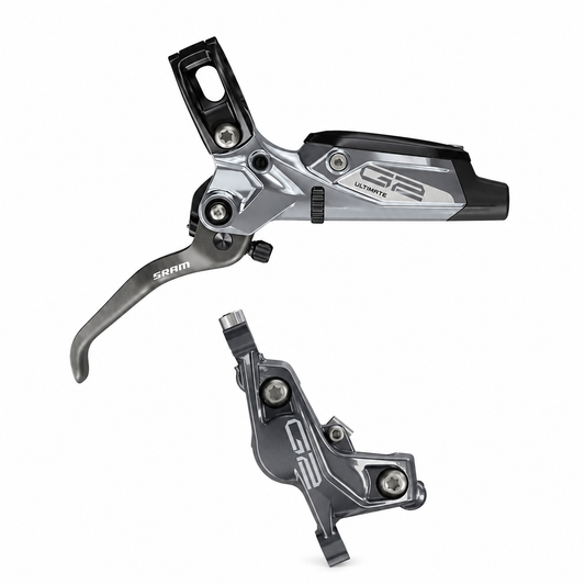 Graue SRAM G2 Ultimate A1 Bremse — Bremshebel und Bremssattel vor weißem Hintergrund