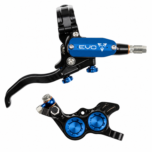 HOPE TECH 4 EVO GR4 Bremse in Schwarz/Blau — Bremshebel und Bremssattel vor weißem Hintergrund