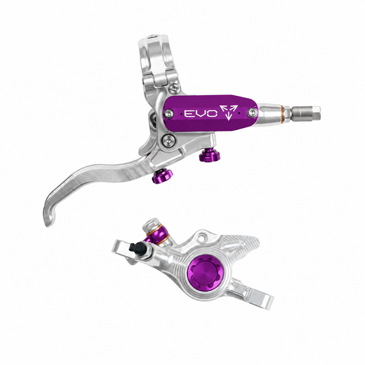 HOPE TECH 4 EVO X2 PM Bremse in Silber/Violett — Bremshebel und Bremssattel auf weißem Hintergrund
