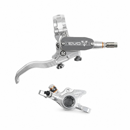 HOPE TECH 4 EVO X2 PM Bremse in Silber/Rauchgrau – Bremshebel und Bremssattel vor weißem Hintergrund