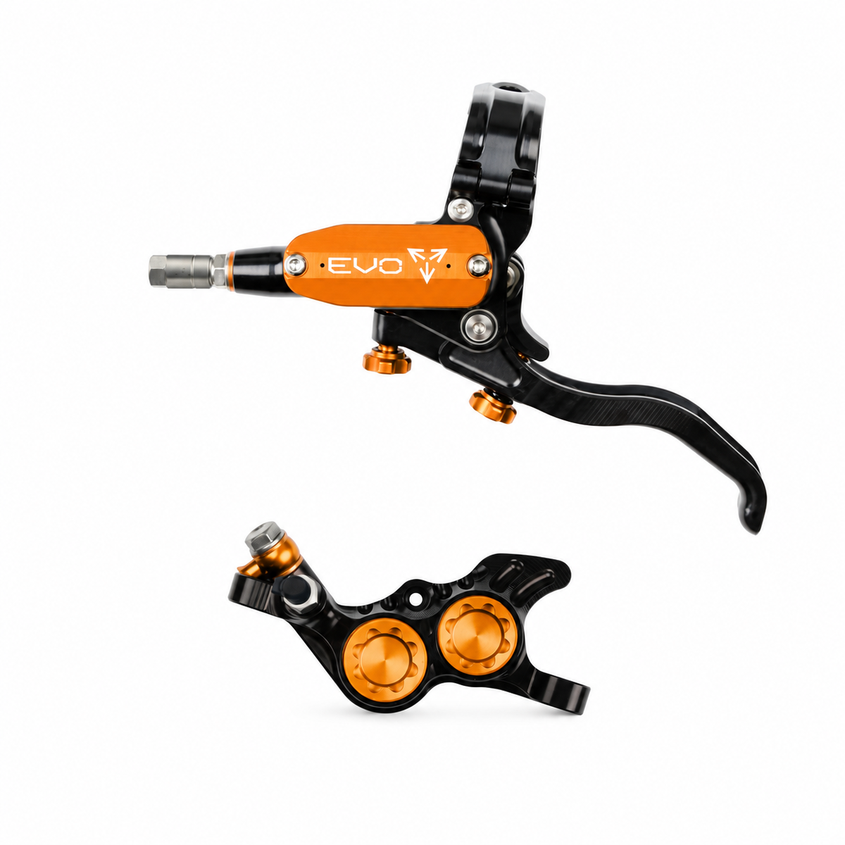 HOPE TECH 4 EVO GR4 Bremse in Schwarz/Orange — Bremshebel und Bremssattel vor weißem Hintergrund