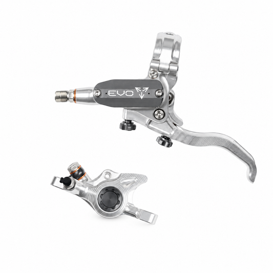 HOPE TECH 4 EVO X2 PM Bremse in Silber/Rauchgrau – Bremshebel und Bremssattel vor weißem Hintergrund