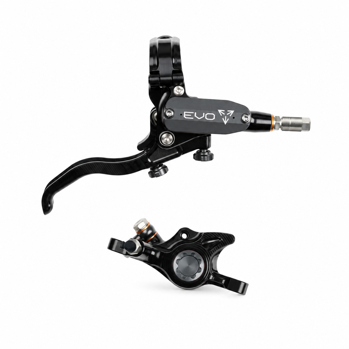 HOPE TECH 4 EVO X2 PM Bremse in Schwarz/Rauchgrau – Bremshebel und Bremssattel vor weißem Hintergrund