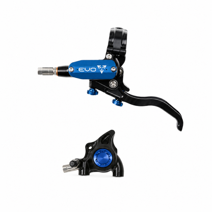 HOPE TECH 4 EVO X2 FM Bremse in Schwarz/Blau — Bremshebel und Bremssattel vor weißem Hintergrund