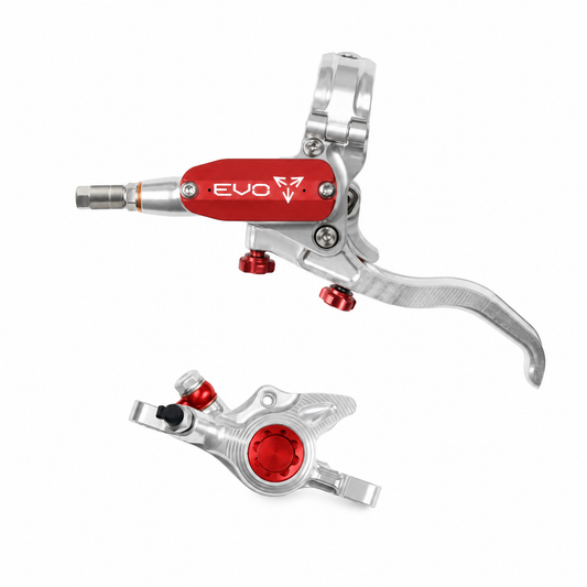 HOPE TECH 4 EVO X2 PM Bremse in Silber/Rot – Bremshebel und Bremssattel vor weißem Hintergrund
