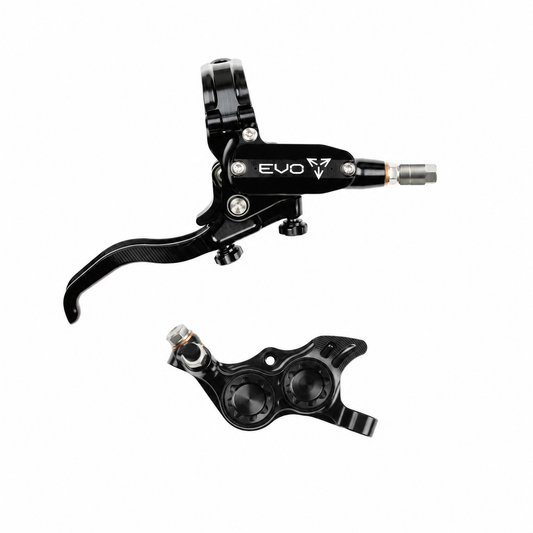 HOPE TECH 4 EVO TR4 Bremse Schwarz/Schwarz — Bremshebel und Bremssattel vor weißem Hintergrund