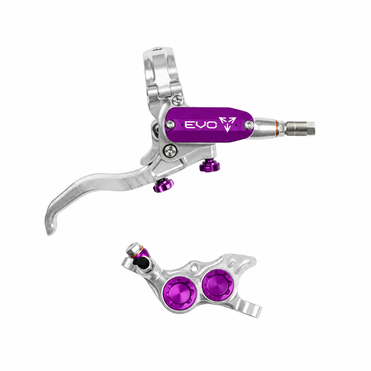HOPE TECH 4 EVO TR4 Bremse Silber/Violett — Bremshebel und Bremssattel vor weißem Hintergrund