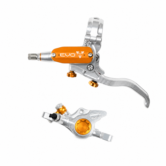 HOPE TECH 4 EVO X2 PM Bremse Silber/Orange — Bremshebel und Bremssattel vor weißem Hintergrund