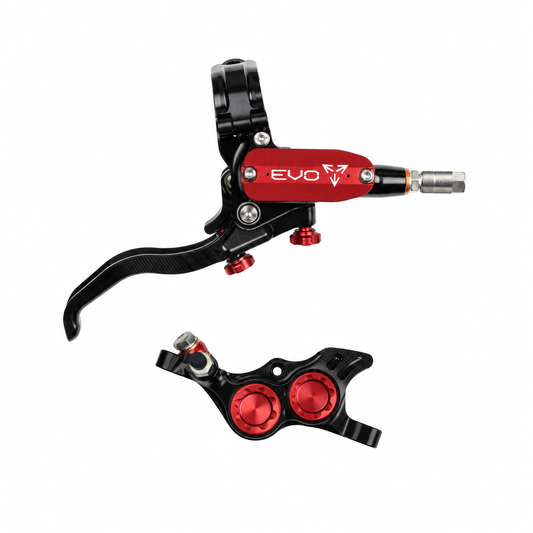 HOPE TECH 4 EVO TR4 Bremse Schwarz/Rot — Bremshebel und Bremssattel vor weißem Hintergrund