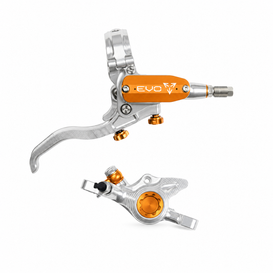 HOPE TECH 4 EVO X2 PM Bremse Silber/Orange — Bremshebel und Bremssattel vor weißem Hintergrund