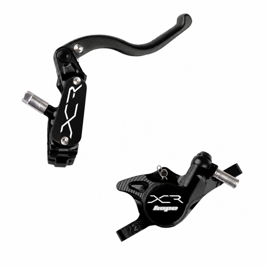 HOPE XCR PRO X2 PM Bremse Schwarz — Bremshebel und Bremssattel vor weißem Hintergrund