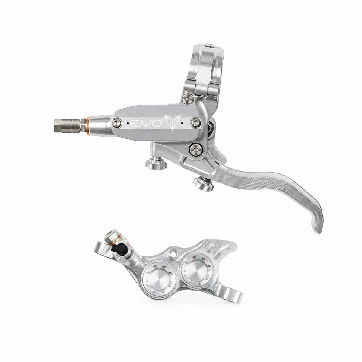 HOPE TECH 4 EVO TR4 Bremse Silber/Silber — Bremshebel und Bremssattel vor weißem Hintergrund