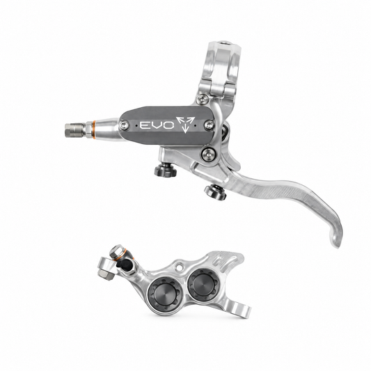 HOPE TECH 4 EVO TR4 Bremse in Silber/Rauchgrau – Bremshebel und Bremssattel vor weißem Hintergrund