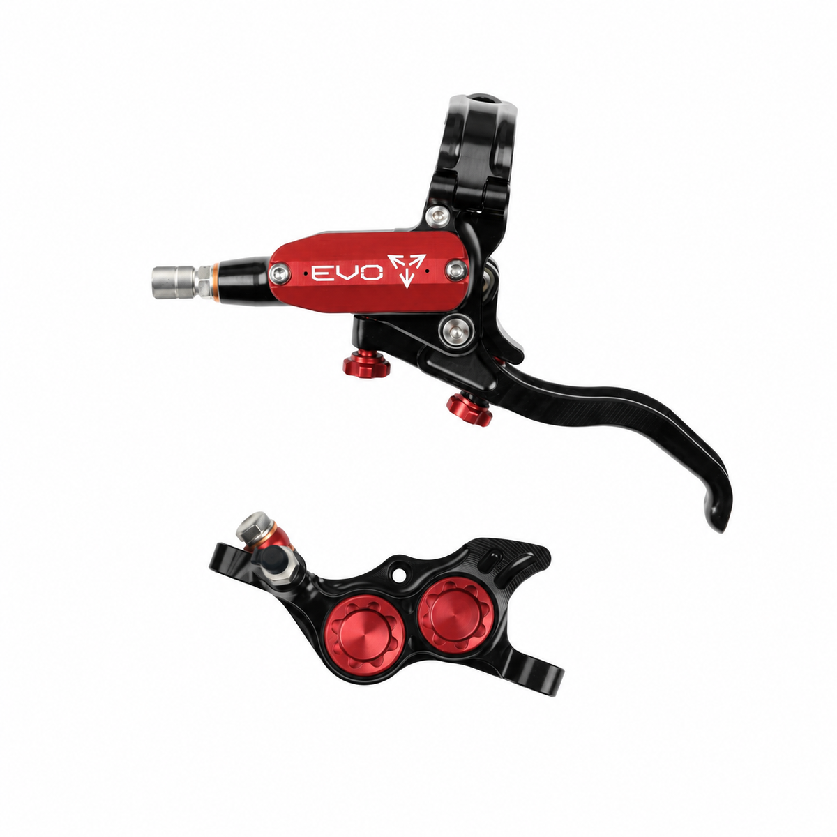HOPE TECH 4 EVO TR4 Bremse Schwarz/Rot — Bremshebel und Bremssattel vor weißem Hintergrund