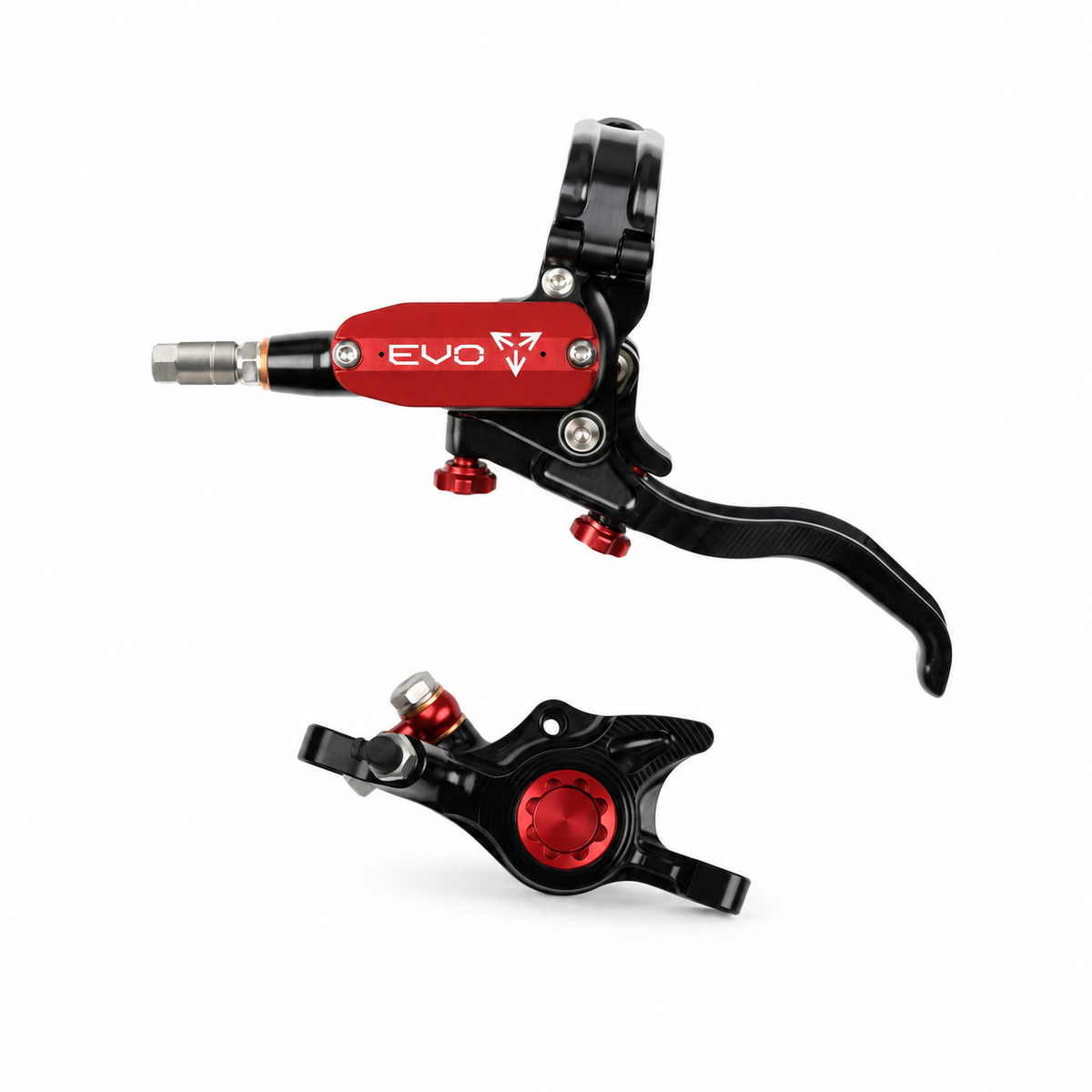 HOPE TECH 4 EVO X2 PM Bremse Schwarz/Rot — Bremshebel und Bremssattel vor weißem Hintergrund