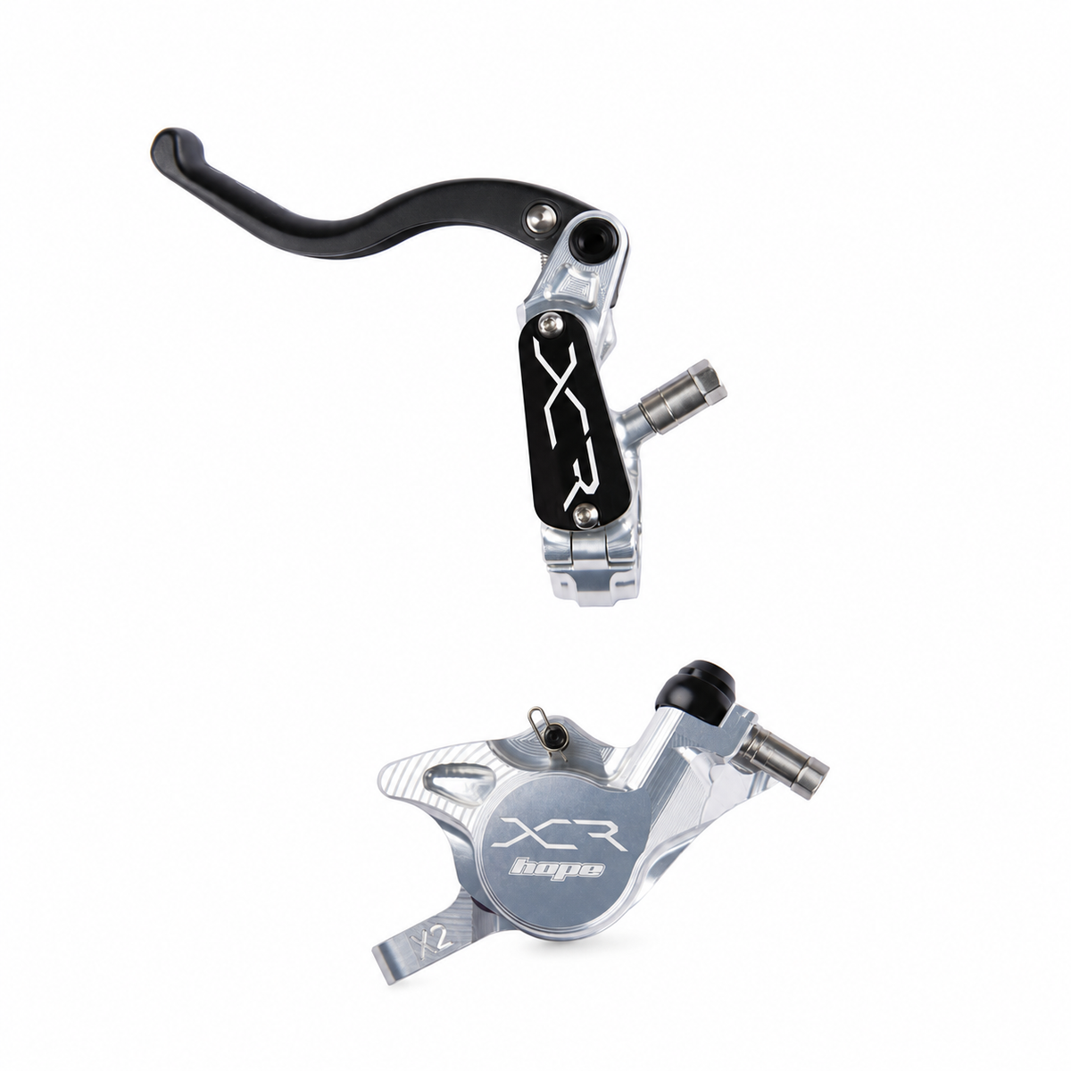 HOPE XCR PRO X2 PM Bremse Silber — Bremshebel und Bremssattel vor weißem Hintergrund