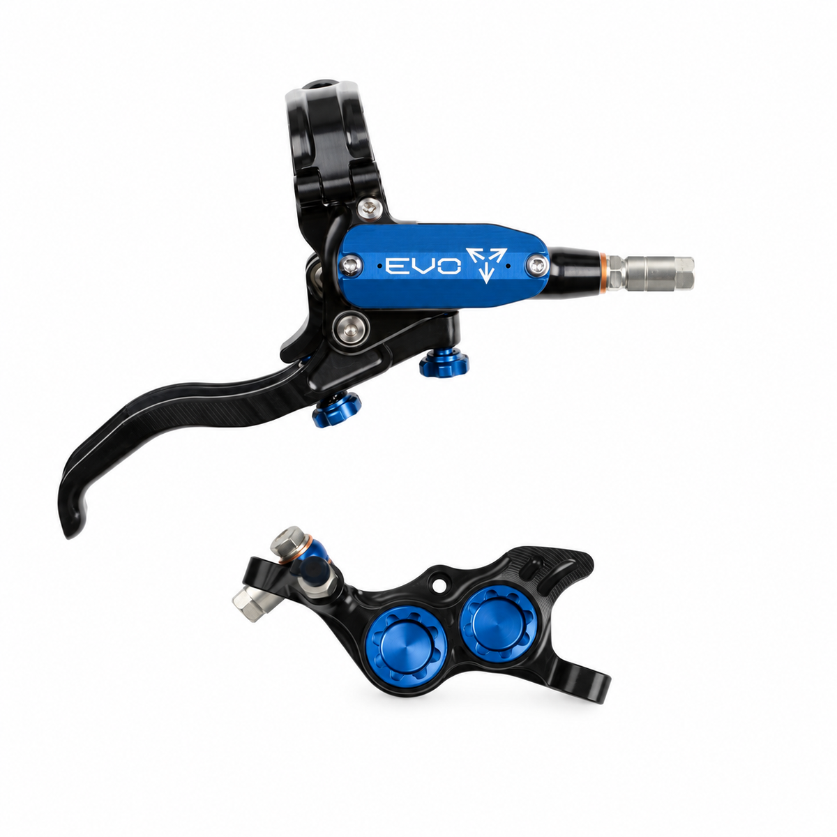 HOPE TECH 4 EVO TR4 Bremse Schwarz/Blau — Bremshebel und Bremssattel vor weißem Hintergrund