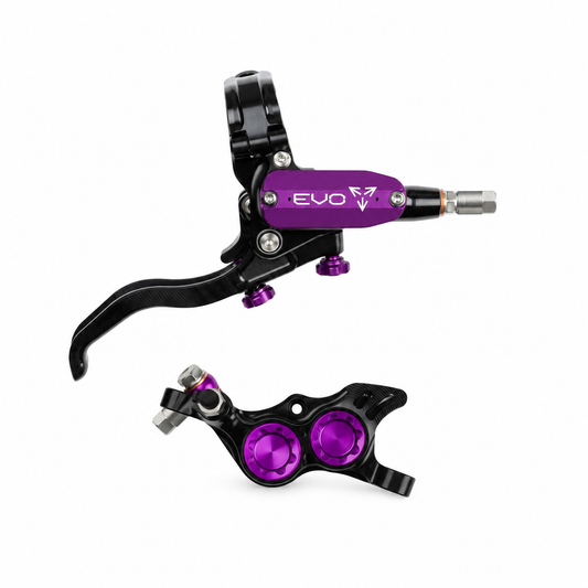 HOPE TECH 4 EVO TR4 Bremse Schwarz/Violett — Bremshebel und Bremssattel vor weißem Hintergrund