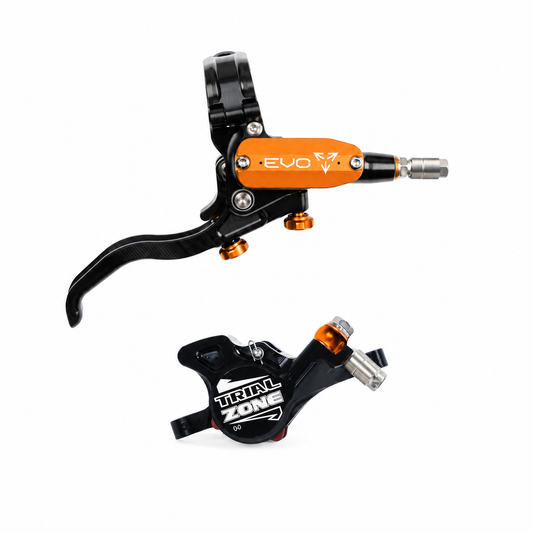 HOPE TECH 4 EVO TRIAL ZONE N9 Bremse in Orange — Bremshebel und Bremssattel vor weißem Hintergrund