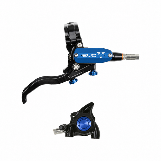 HOPE TECH 4 EVO X2 FM Bremse in Schwarz/Blau — Bremshebel und Bremssattel vor weißem Hintergrund