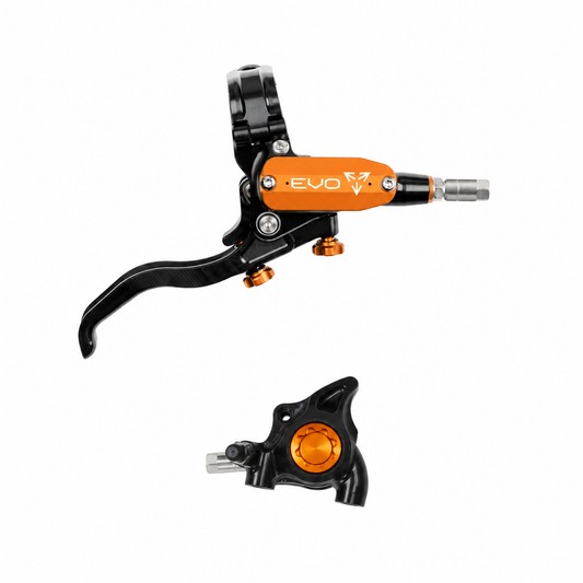 HOPE TECH 4 EVO X2 FM Bremse in Schwarz/Orange — Bremshebel und Bremssattel vor weißem Hintergrund