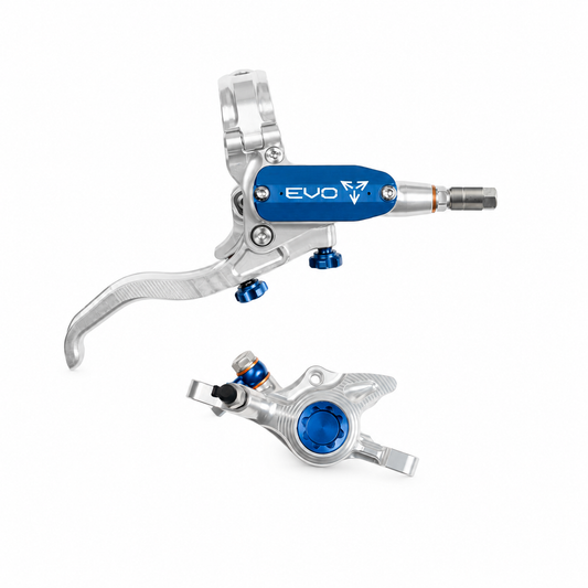 HOPE TECH 4 EVO X2 PM Bremse in Silber/Blau — Bremshebel und Bremssattel vor weißem Hintergrund