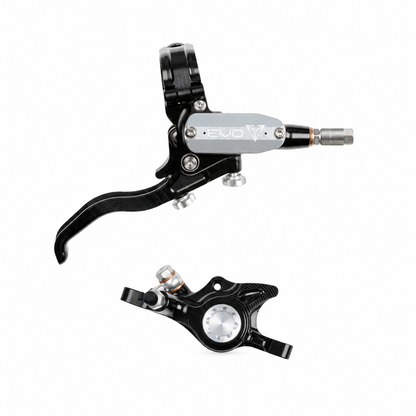 HOPE TECH 4 EVO X2 PM Bremse in Schwarz/Silber — Bremshebel und Bremssattel vor weißem Hintergrund
