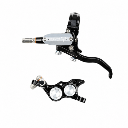 HOPE TECH 4 EVO TR4 Bremse Schwarz/Silber — Bremshebel und Bremssattel vor weißem Hintergrund