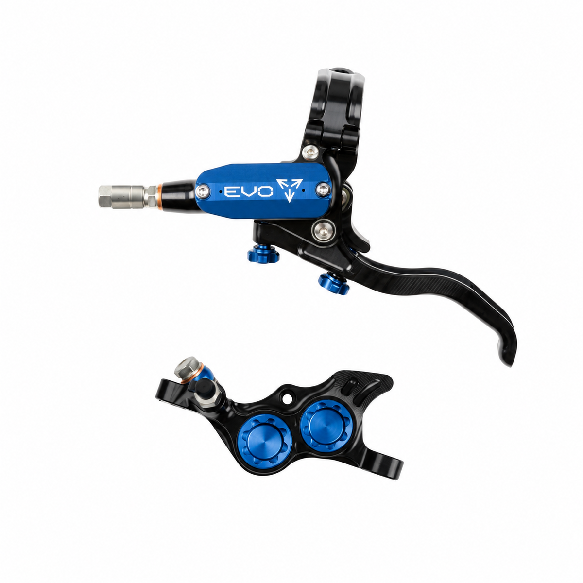 HOPE TECH 4 EVO TR4 Bremse Schwarz/Blau — Bremshebel und Bremssattel vor weißem Hintergrund