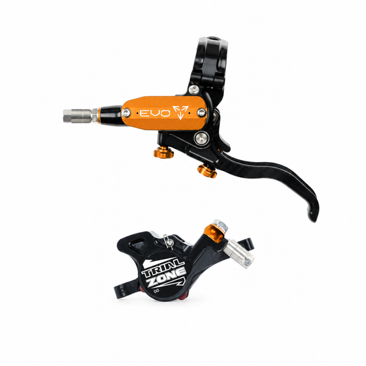 HOPE TECH 4 EVO TRIAL ZONE N9 Bremse in Orange — Bremshebel und Bremssattel vor weißem Hintergrund