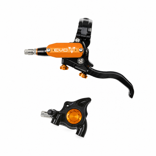 HOPE TECH 4 EVO X2 FM Bremse in Schwarz/Orange — Bremshebel und Bremssattel vor weißem Hintergrund