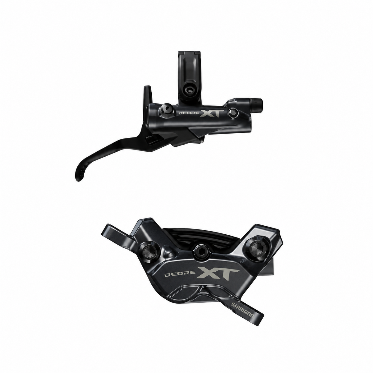 SHIMANO XT M8220 Enduro-Bremse mit 4 Kolben — Bremshebel und Bremssattel vor weißem Hintergrund