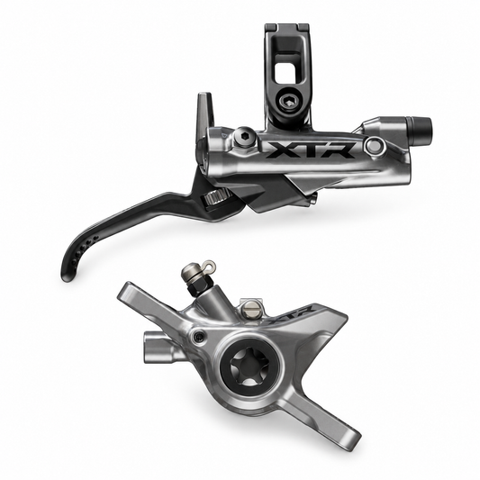 SHIMANO XTR M9220/9200 XC/Trail 2-Kolben-Bremse — Bremshebel und Bremssattel auf weißem Hintergrund