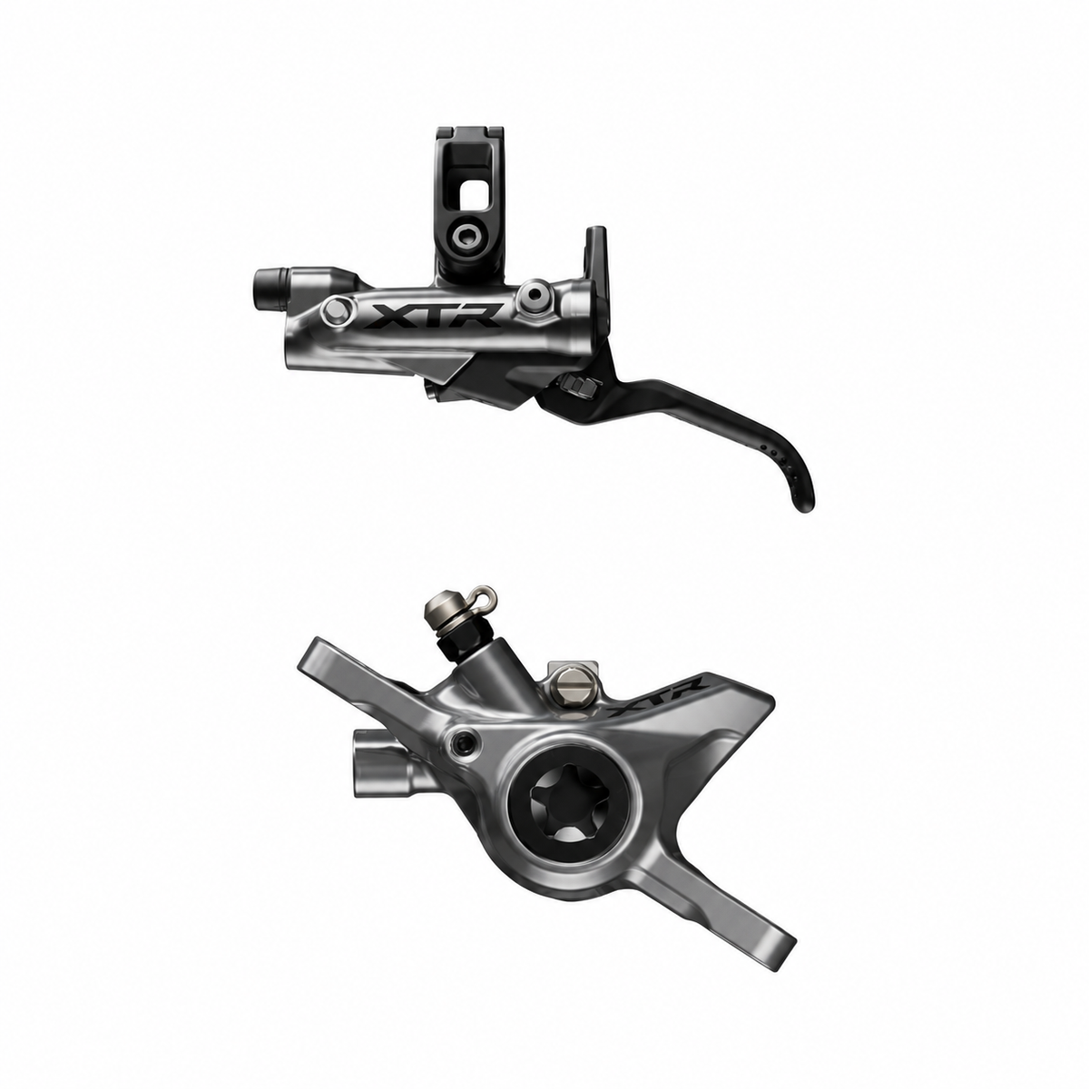 SHIMANO XTR M9220/9200 XC/Trail 2-Kolben-Bremse — Bremshebel und Bremssattel auf weißem Hintergrund