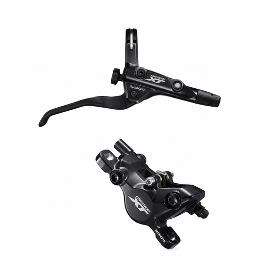 SHIMANO DEORE XT BR-M8100 / BL-T8100 Bremse mit 3-Finger-Trekkinghebel — Bremshebel und Bremssattel auf weißem Hintergrund