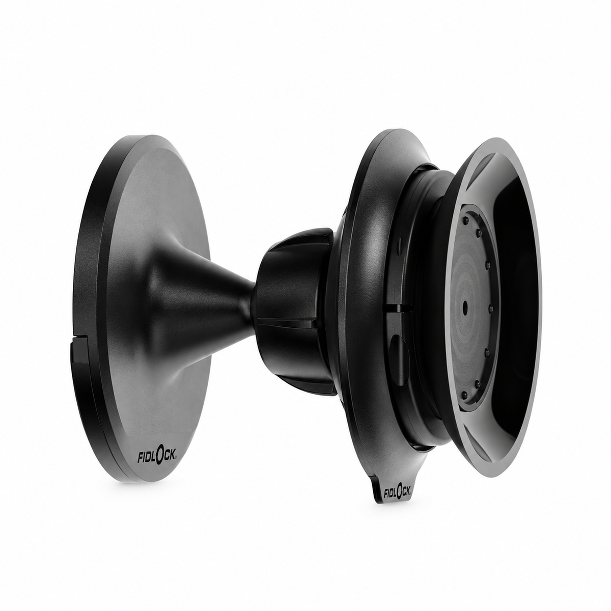 Schwarze FIDLOCK VACUUM Wandhalterung — Produktansicht vor weißem Hintergrund